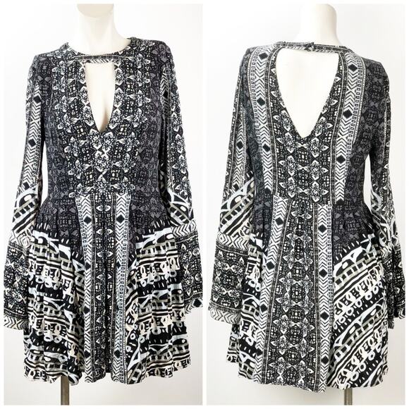 Free People 2 Womens Black Combo Tegan Border Print Boho Dress - Picture 2 of 7
